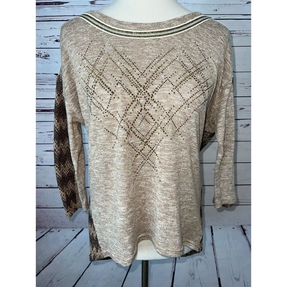 Miss Me‎ Knit Sweater Western Medium Beige Sequin Metallic Cowgirl Studded - Picture 1 of 8